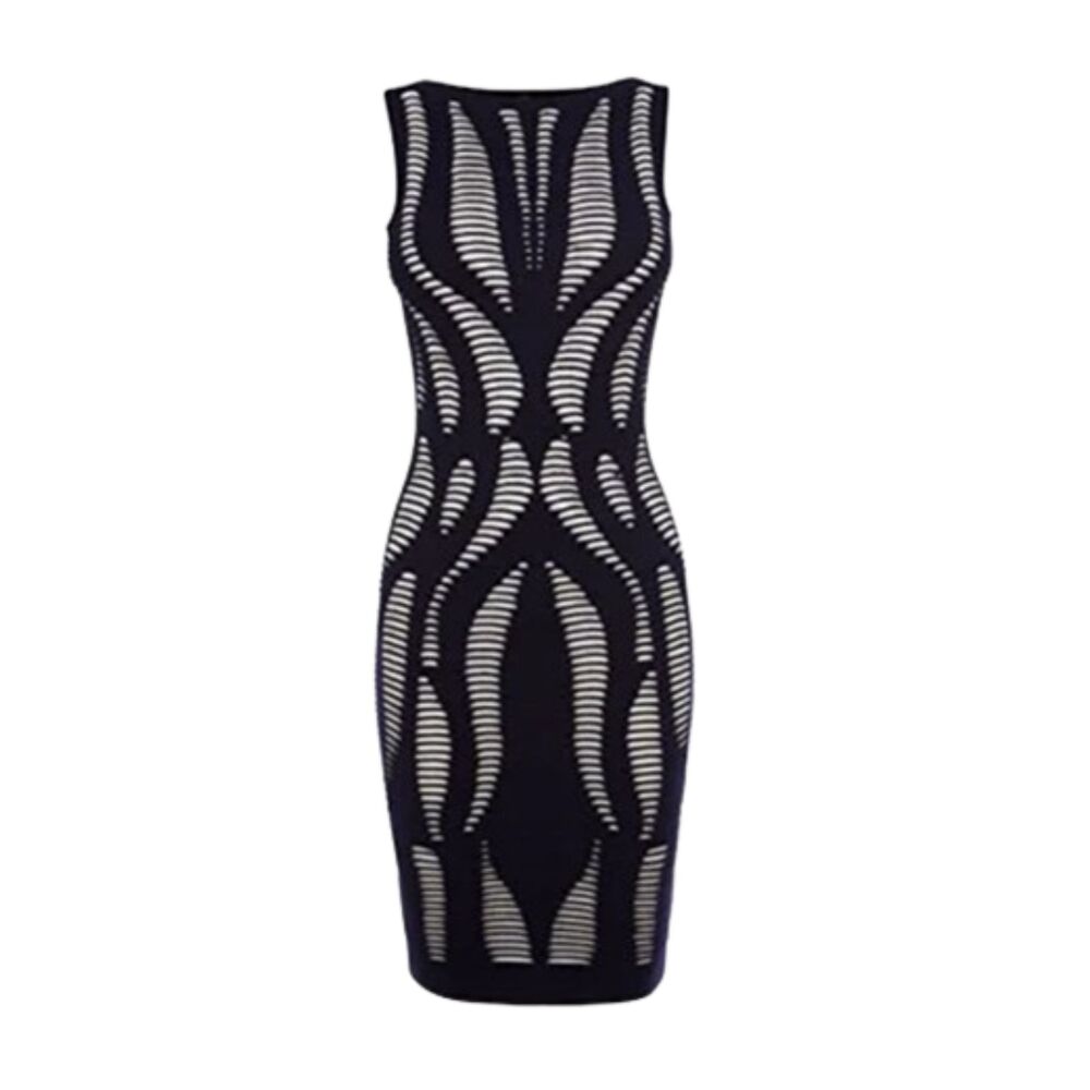 Karen Millen Navy White Geometric Optical Knit Bodycon Bandage Dress Size 1 US 4